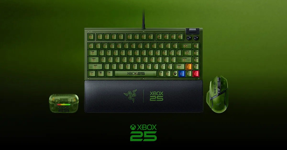 Razer x Xbox 25th Anniversary Collection in translucent green: BlackWidow V4 75% keyboard, Basilisk V3 Pro 35K mouse and Hammerhead V3 X earbuds
