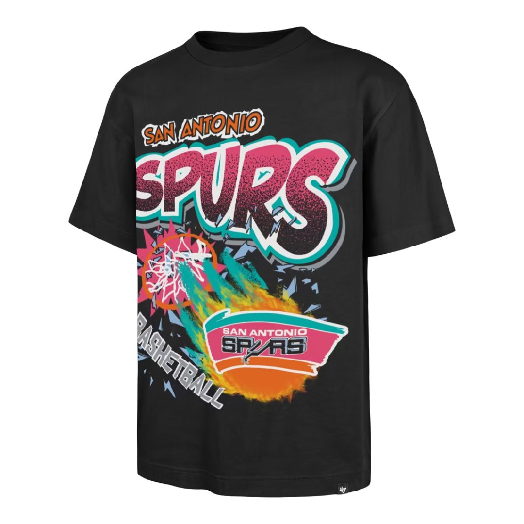 San Antonio Spurs '47 Hardwood Classics Torched Foundation t-shirt in black with graffiti SPURS lettering and retro fiesta logo