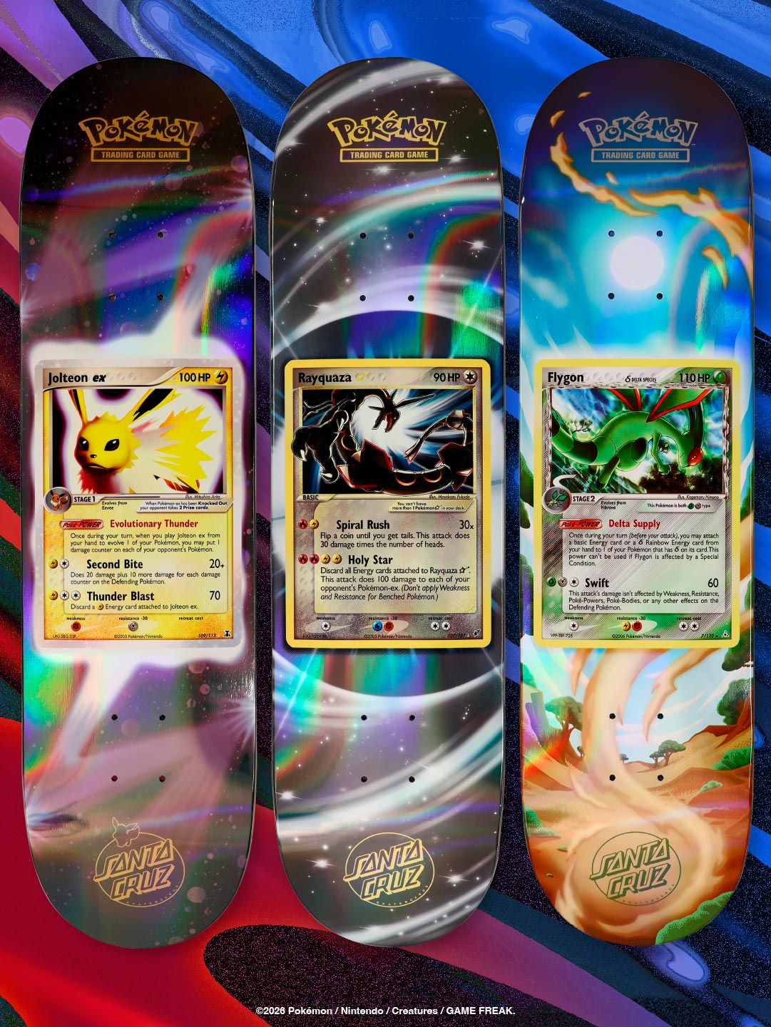 Santa Cruz x Pokémon TCG skateboard decks featuring Jolteon, Rayquaza and Flygon