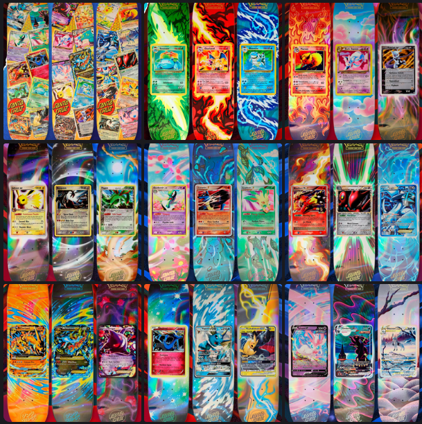 Full Santa Cruz x Pokémon TCG skateboard deck lineup