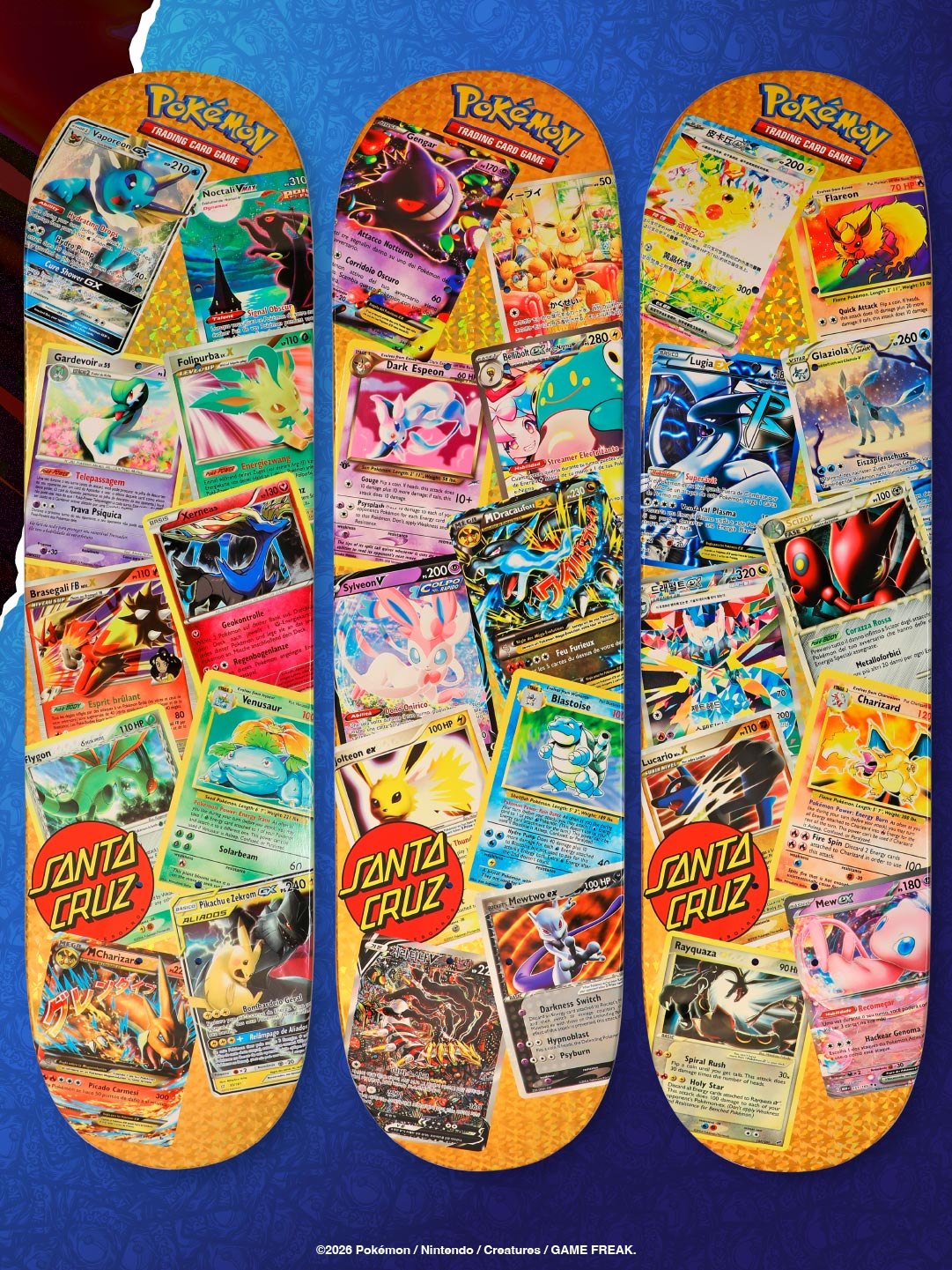 Santa Cruz x Pokémon TCG gold card collage skateboard decks