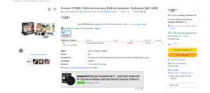 Amazon PDP screenshot showing Scream 30th Anniversary Edition Amazon Exclusive 4K UHD pre-order at $109.99