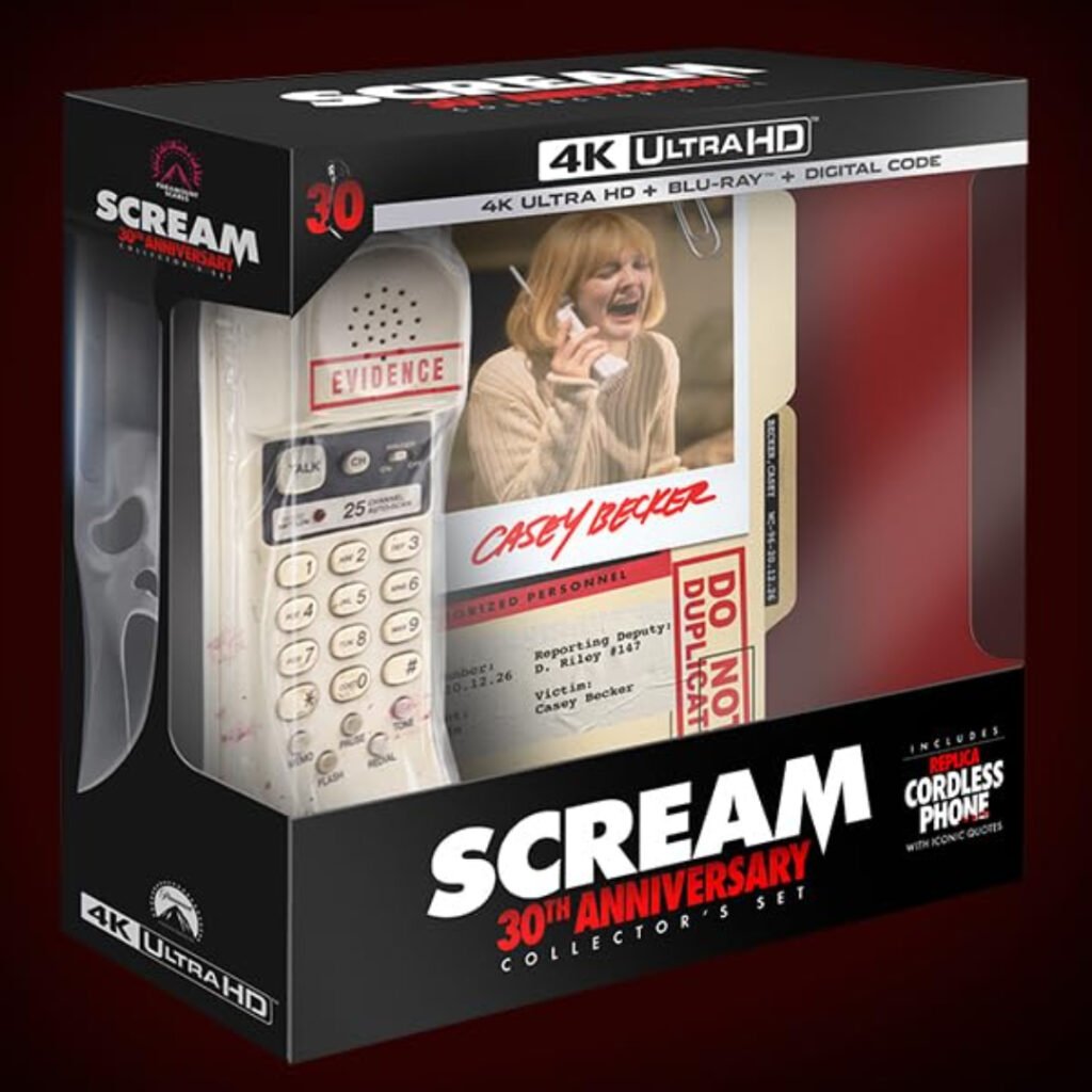 Scream 30th Anniversary Collector’s Set box with window showing replica cordless phone and Casey Becker Polaroid