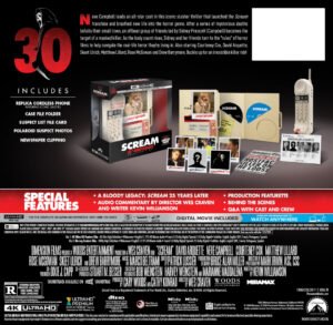 Official Scream 30 Includes marketing layout listing replica phone, case file, suspect photos, newspaper clipping, and special features