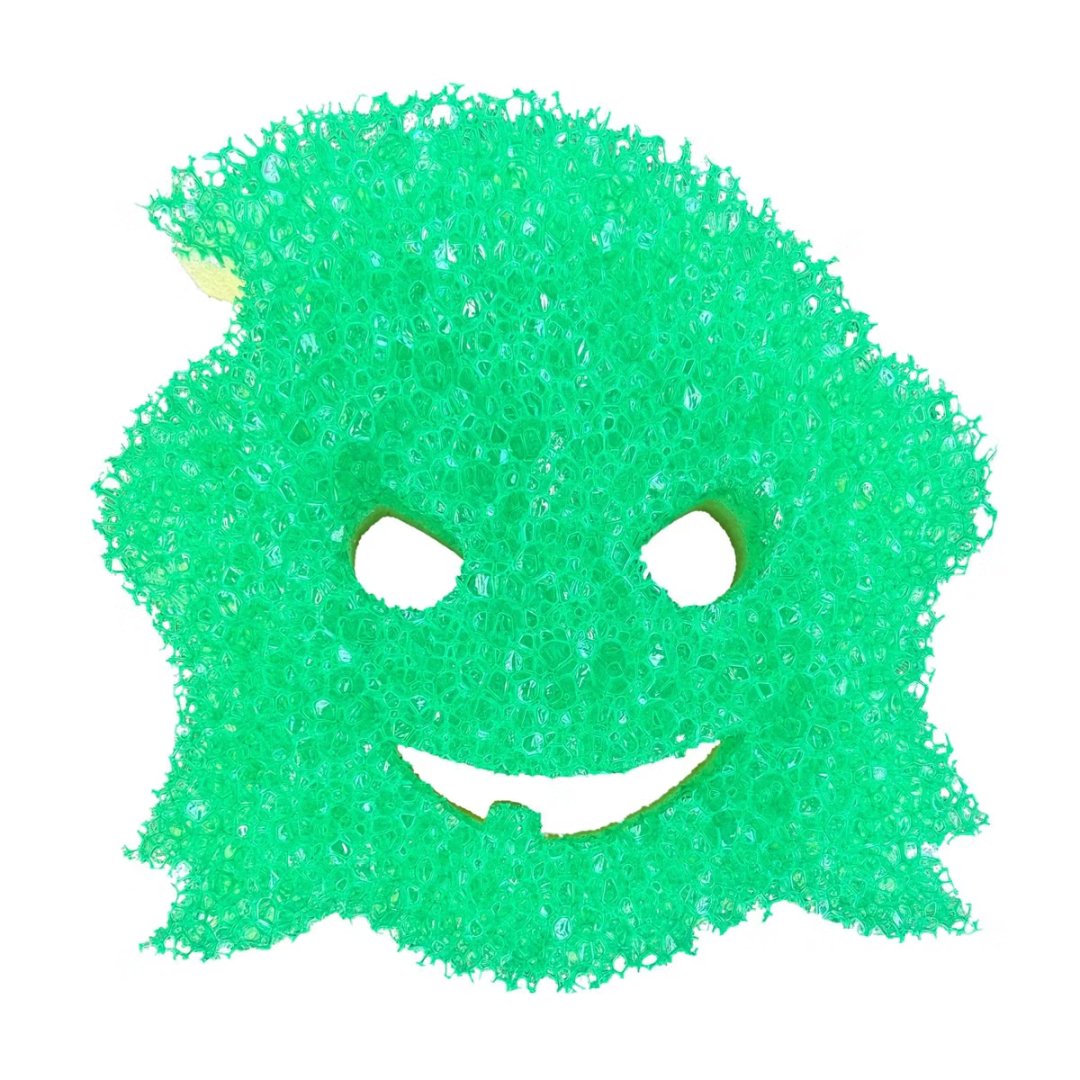 Green witch face scrub side of the Halloween Scrub Mommy