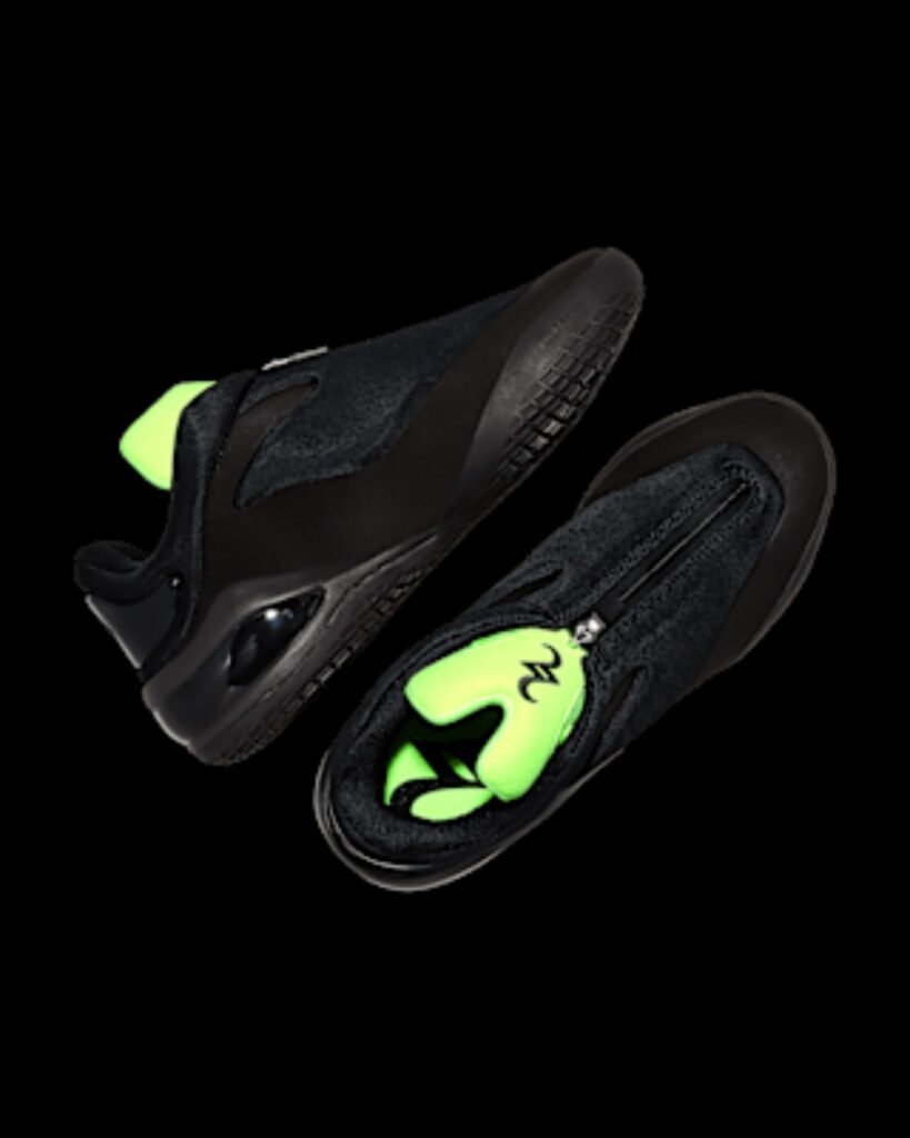 Nike SHAI 001 Shroud black shoe unzipped to reveal neon green lining