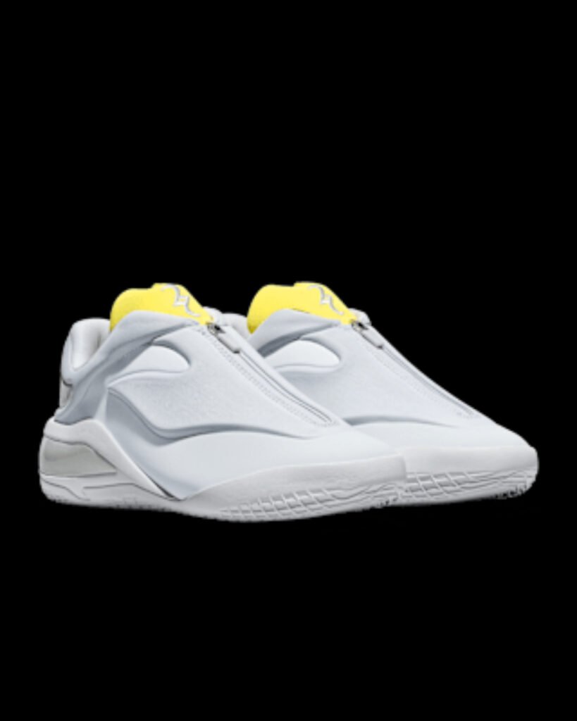 Nike SHAI 001 Shroud Spark white and grey basketball shoes with yellow heel tab