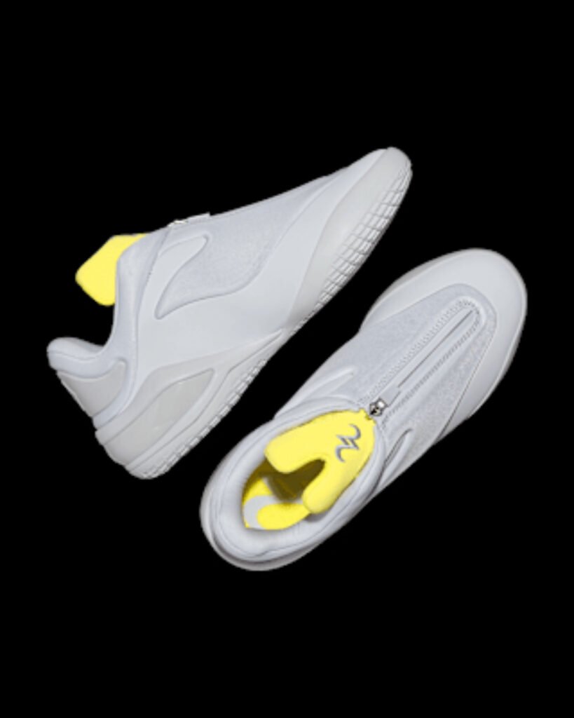 Nike SHAI 001 Shroud white shoe unzipped to reveal yellow lining
