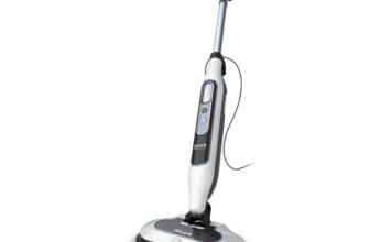 Shark Steam & Scrub S8200 corded scrubbing steam mop in white and silver with dual rotating scrub pads