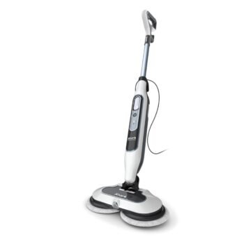 Shark Steam & Scrub S8200 corded scrubbing steam mop in white and silver with dual rotating scrub pads