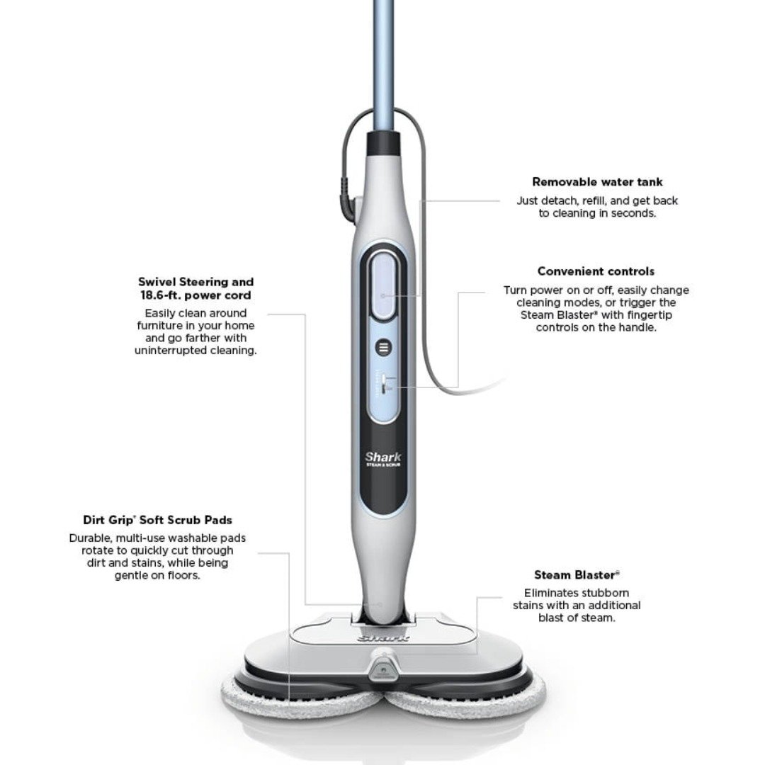Shark Steam & Scrub S8200 feature callouts: removable water tank, handle controls, Steam Blaster, Dirt Grip pads, swivel steering and 18.6-ft cord