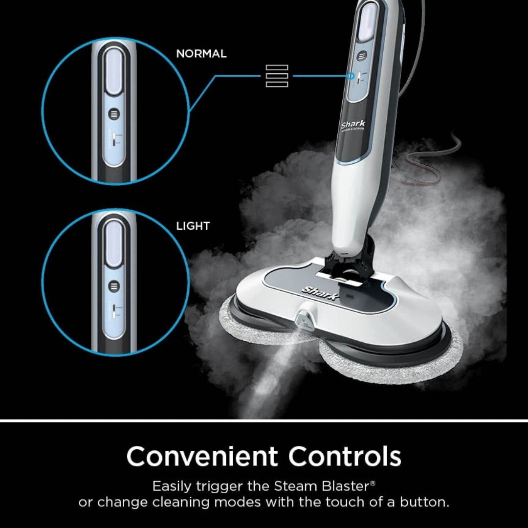 Shark Steam & Scrub handle controls with Light and Normal steam modes and the Steam Blaster in action