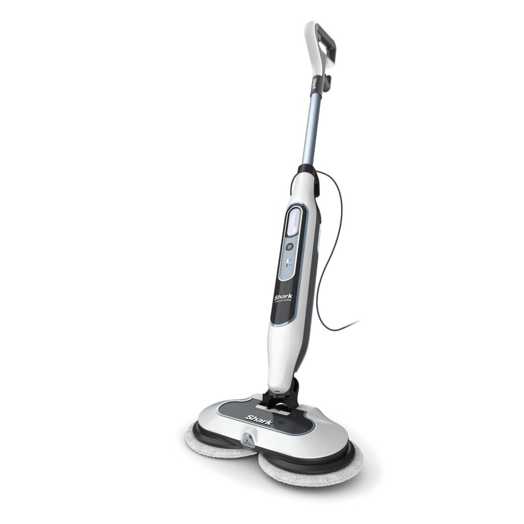 Shark Steam & Scrub S8200 corded scrubbing steam mop in white and silver with dual rotating scrub pads