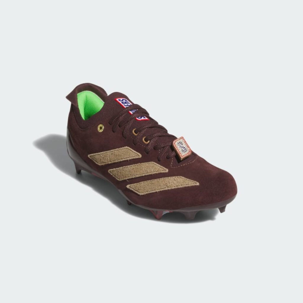 Angled front view of the Snickers x adidas Adizero Electric+ II football cleat
