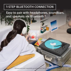 Sony PS-LX3BT one-step Bluetooth connection lifestyle with headphones