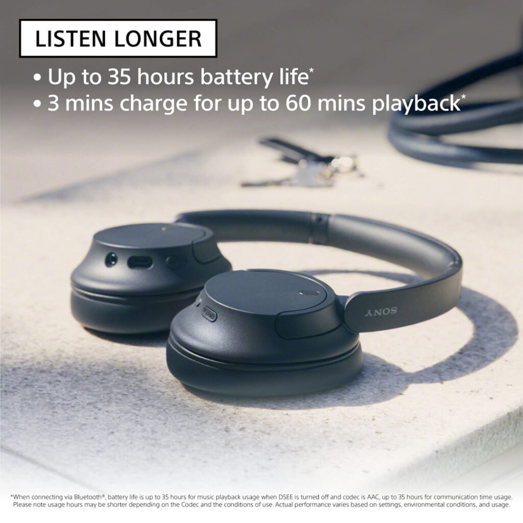 Sony WH-CH720N headphones resting on a desk with battery life details