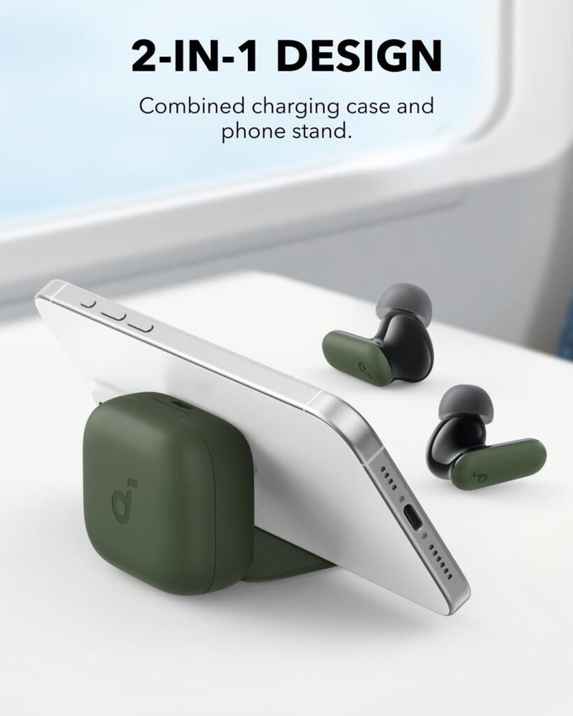 Soundcore P30i 2-in-1 charging case and phone stand holding a phone