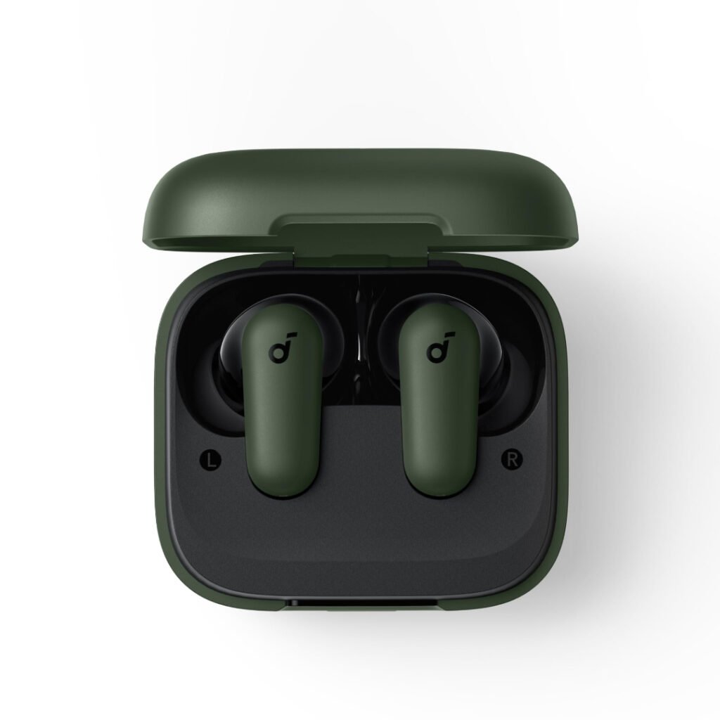 Soundcore P30i green earbuds sitting in the open charging case