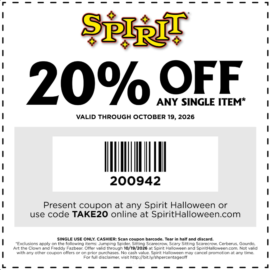 Spirit Halloween 20% off any single item coupon