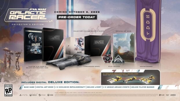 Star Wars Galactic Racer Collector's Edition contents: steelbook, landspeeder model, art book, pilot patches, Kestar banner