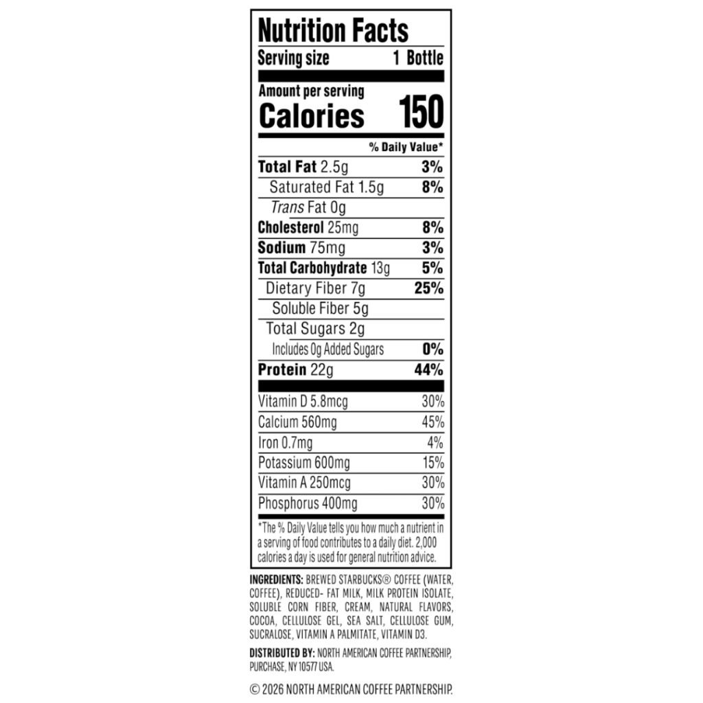 Starbucks Coffee and Protein Caffe Mocha nutrition facts 150 calories 22g protein