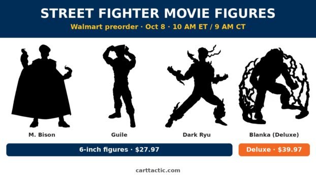 Street Fighter movie figures Walmart preorder: M. Bison, Guile, Dark Ryu and Deluxe Blanka silhouettes