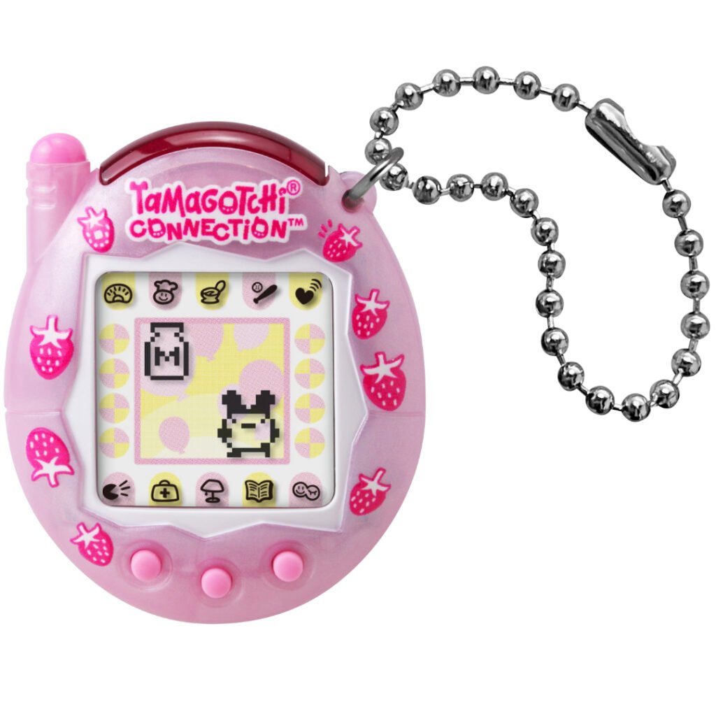 Tamagotchi Connection Strawberry Pearl Milk virtual pet with pink pearl shell and strawberries