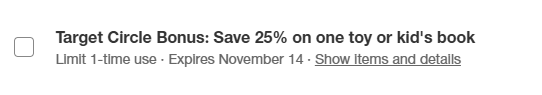 Target Circle Bonus: save 25% on one toy or kid's book