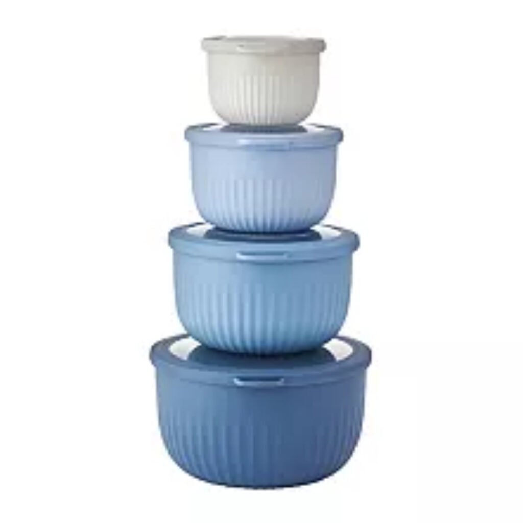 The Big One 4-Piece Nesting Bowls and Lids stacked in blue and white