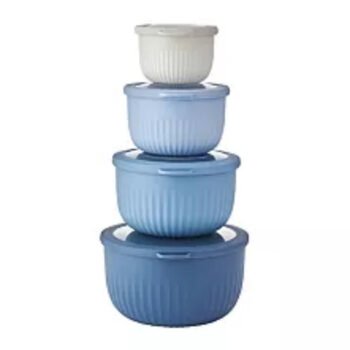 The Big One 4-Piece Nesting Bowls and Lids stacked in blue and white