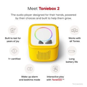 Toniebox 2 features: light ring, bedtime mode, wake-up alarm, long battery life, works with all Tonies