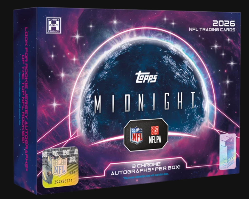 2026 Topps Midnight Football First Day Issue hobby box art with NFL and NFLPA logos and 3 Chrome autographs per box