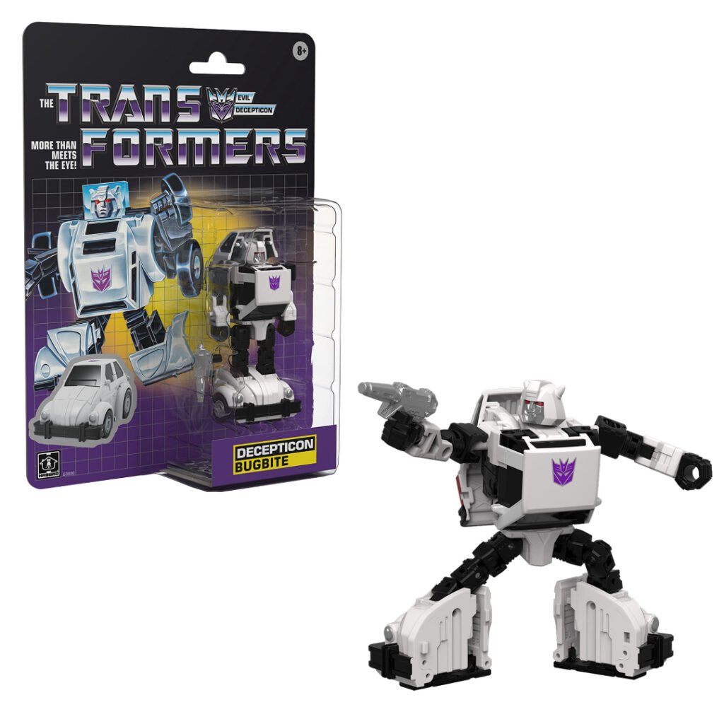 Transformers Retro Decepticon Bugbite in its G1-style card next to the robot-mode figure