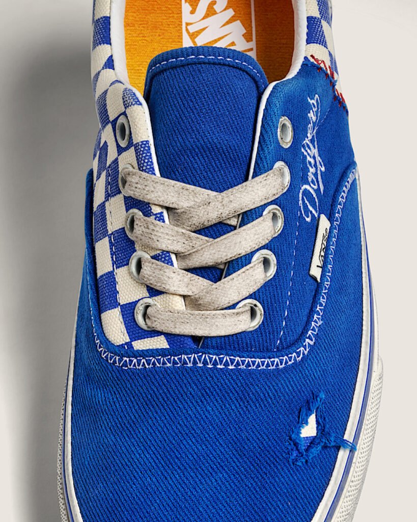 Vans Era Dodgers close-up of distressed canvas and Dodgers script