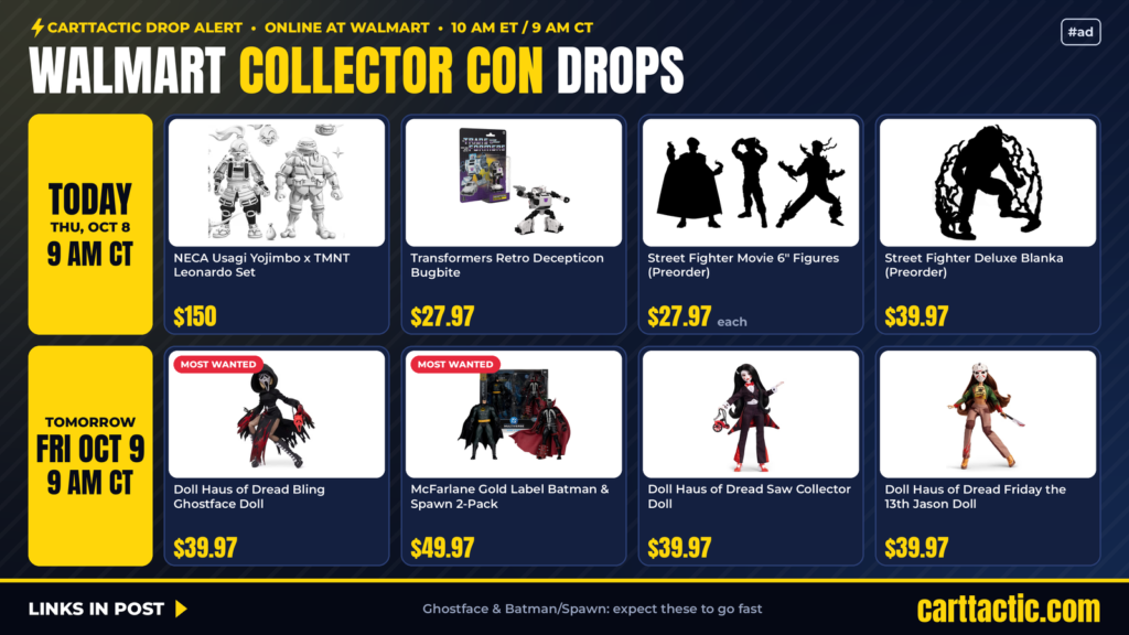 Walmart Collector Con drops deal card: NECA Usagi x Leonardo, Transformers Bugbite, Street Fighter movie figures, Bling Ghostface, Batman & Spawn, Saw and Jason dolls
