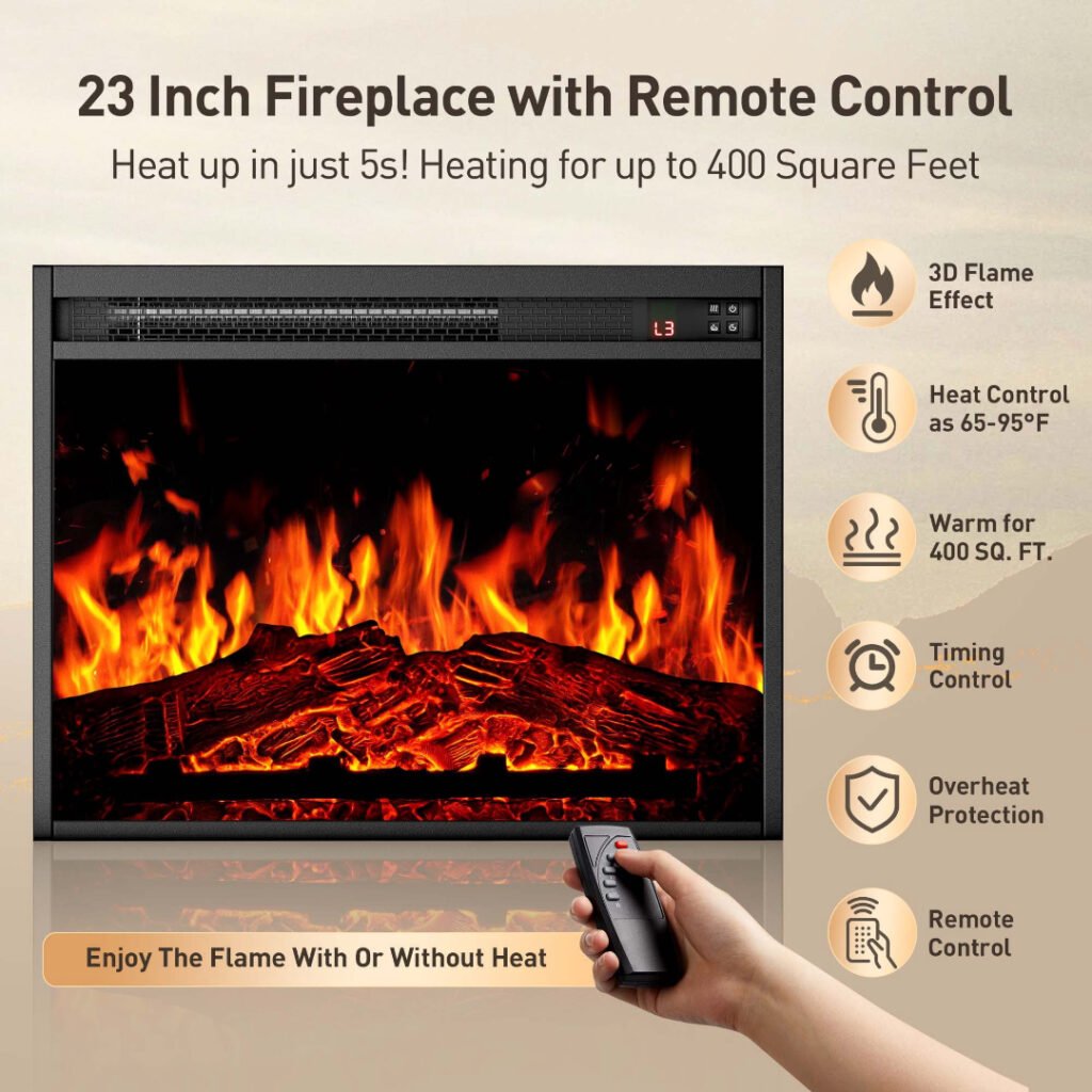23-inch electric fireplace insert with remote — 3D flame, 65–95°F heat control, timer, overheat protection