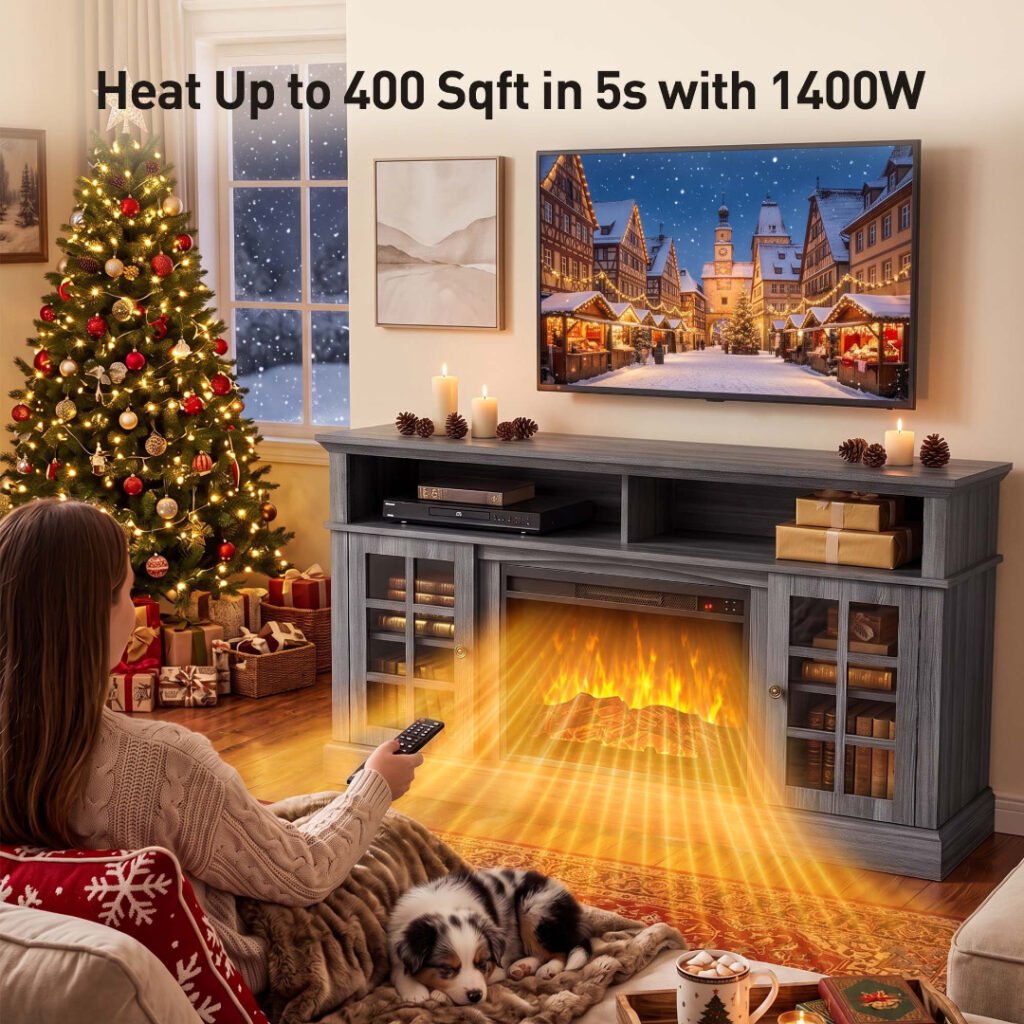Grey electric fireplace TV stand with 23-inch fireplace warming a living room — heats up to 400 sq ft with 1400W