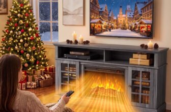 Grey electric fireplace TV stand with 23-inch fireplace warming a living room — heats up to 400 sq ft with 1400W