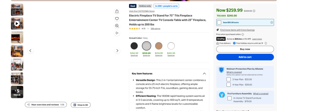 Walmart listing — Electric Fireplace TV Stand Grey Now $259.99, was $499.99, online only