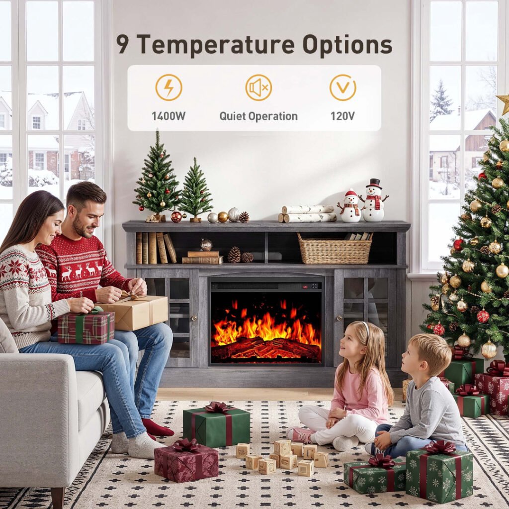 Family by the electric fireplace TV stand — 9 temperature options, 1400W, quiet operation, 120V