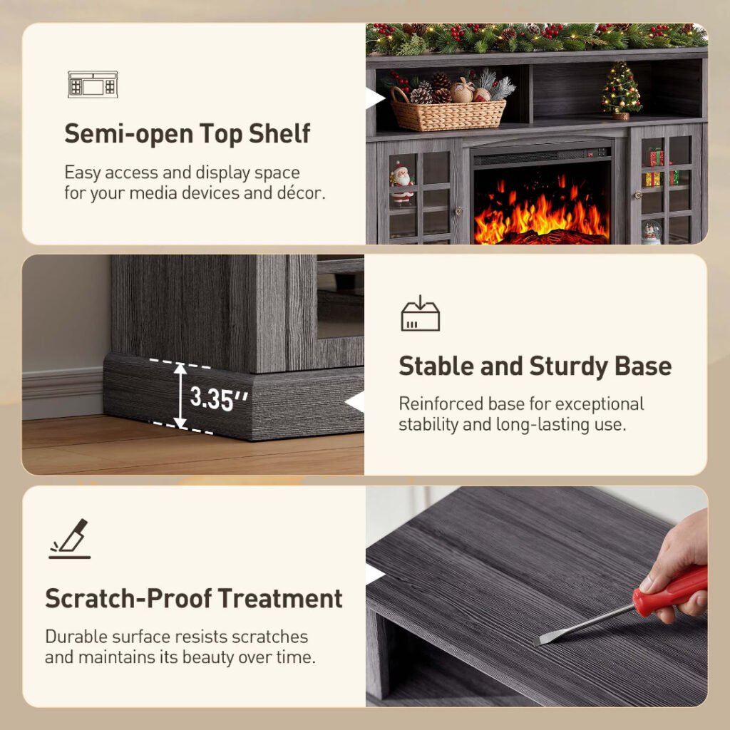 Fireplace TV stand features — semi-open top shelf, sturdy reinforced base, scratch-resistant finish