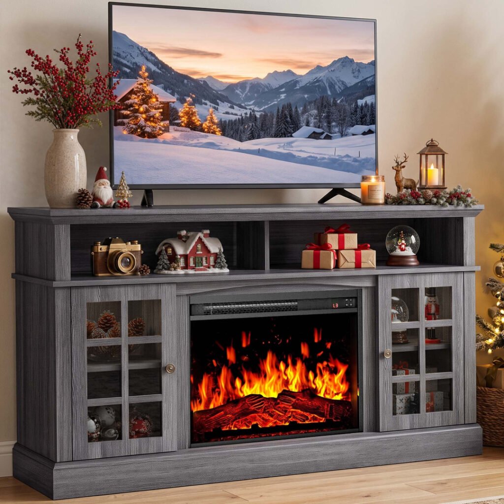 Grey fireplace entertainment center with glass cabinet doors holding a large TV