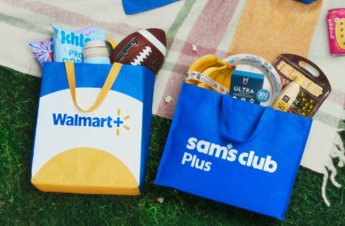 Walmart+ and Sam's Club Plus tote bags full of groceries