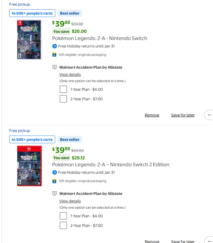Walmart cart screenshot Pokemon Legends Z-A Switch and Switch 2 Edition both $39.88