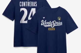 William Contreras Milwaukee Brewers 2026 World Series name and number t-shirt in navy, front and back