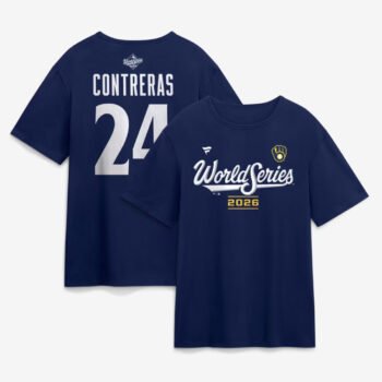 William Contreras Milwaukee Brewers 2026 World Series name and number t-shirt in navy, front and back