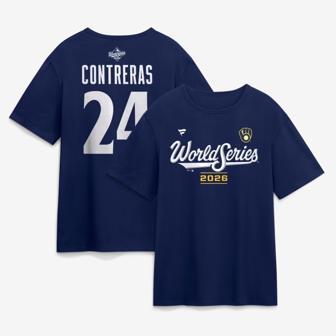 William Contreras Milwaukee Brewers 2026 World Series name and number t-shirt in navy, front and back