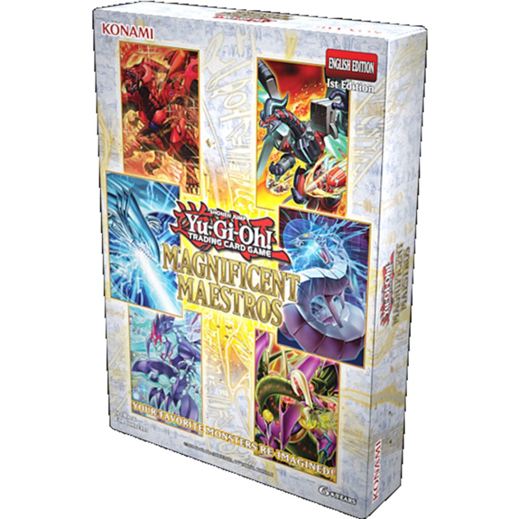 Yu-Gi-Oh! Magnificent Maestros box at an angle with the tagline Your Favorite Monsters Re-Imagined