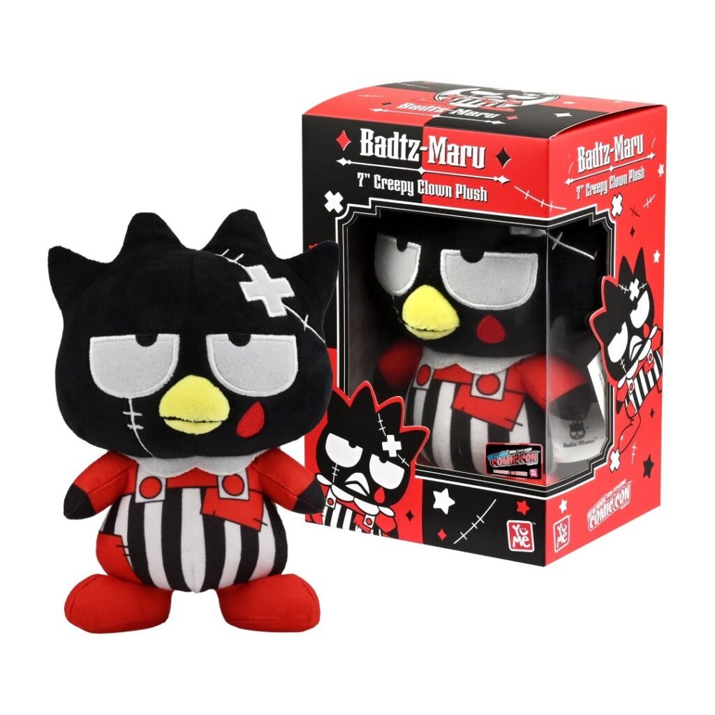 YuMe Sanrio Badtz-Maru 7-inch Creepy Clown plush next to its New York Comic Con limited edition window box