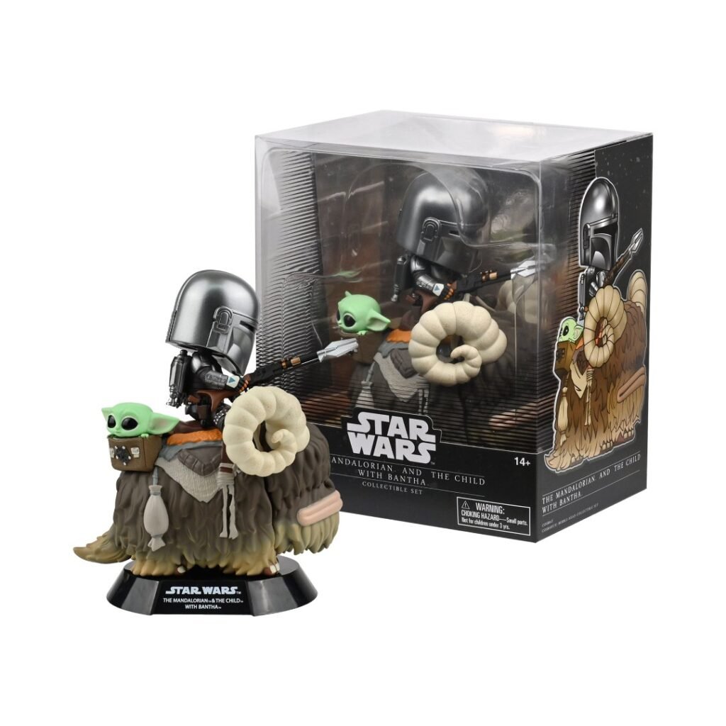 YuMe Hot Toys Cosbaby Star Wars The Mandalorian and The Child riding a Bantha bobble-head set shown with its window box